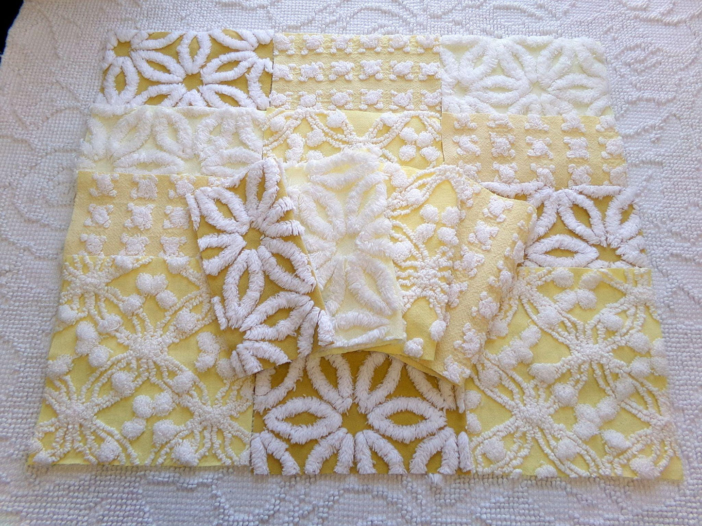 boho sunshine chenille fabric squares, set of 16 vintage quilt blocks 6" ea, natural sunrise yellow, white rosebud, golden harvest daisy