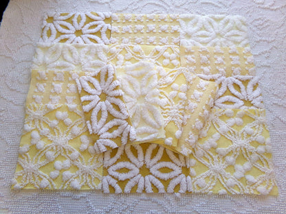 boho sunshine chenille fabric squares, set of 16 vintage quilt blocks 6" ea, natural sunrise yellow, white rosebud, golden harvest daisy