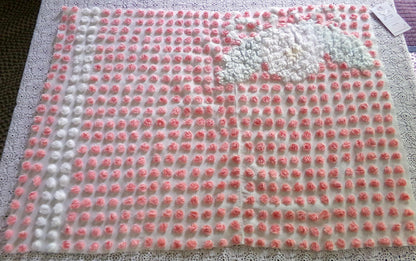 Darling White Lily Vintage Fabric, Handtufted Antique Chenille Pink & White Pops, 20" x 28" Inch Piece