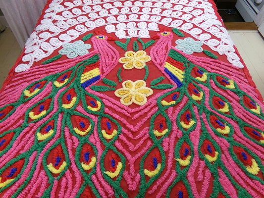Shabby Vintage Red Peacock Chenille Bedspread, Lovebird w/ Hearts Design in a Rainbow of Colors, Full Size Cotton Bedding