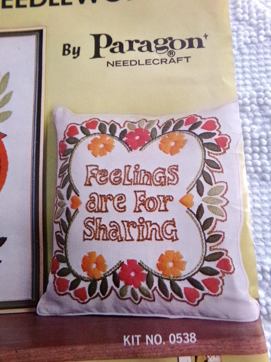 FEELINGS Are for SHARING Pillow Kit by Paragon Creative Stitchery #0538, RARE Vintage Hippie 1970s Crewel Embroidery, 14" x 14" Square Size