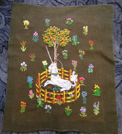 Unicorn in Captivity Completed Crewel Embroidery, Paragon 0846 Stitchery, Medieval Old World Tapestry Style Adaptation