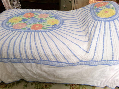 vintage full size chenille bedspread in blue & white colorful cameo starburst florals