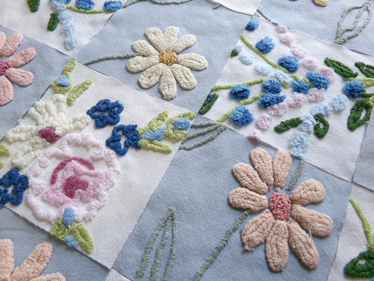 vintage chenille fabric squares, "barefoot in the meadow" set of 16 floral 6" quilt blocks in sky blue daisy, lupine flowers & roses
