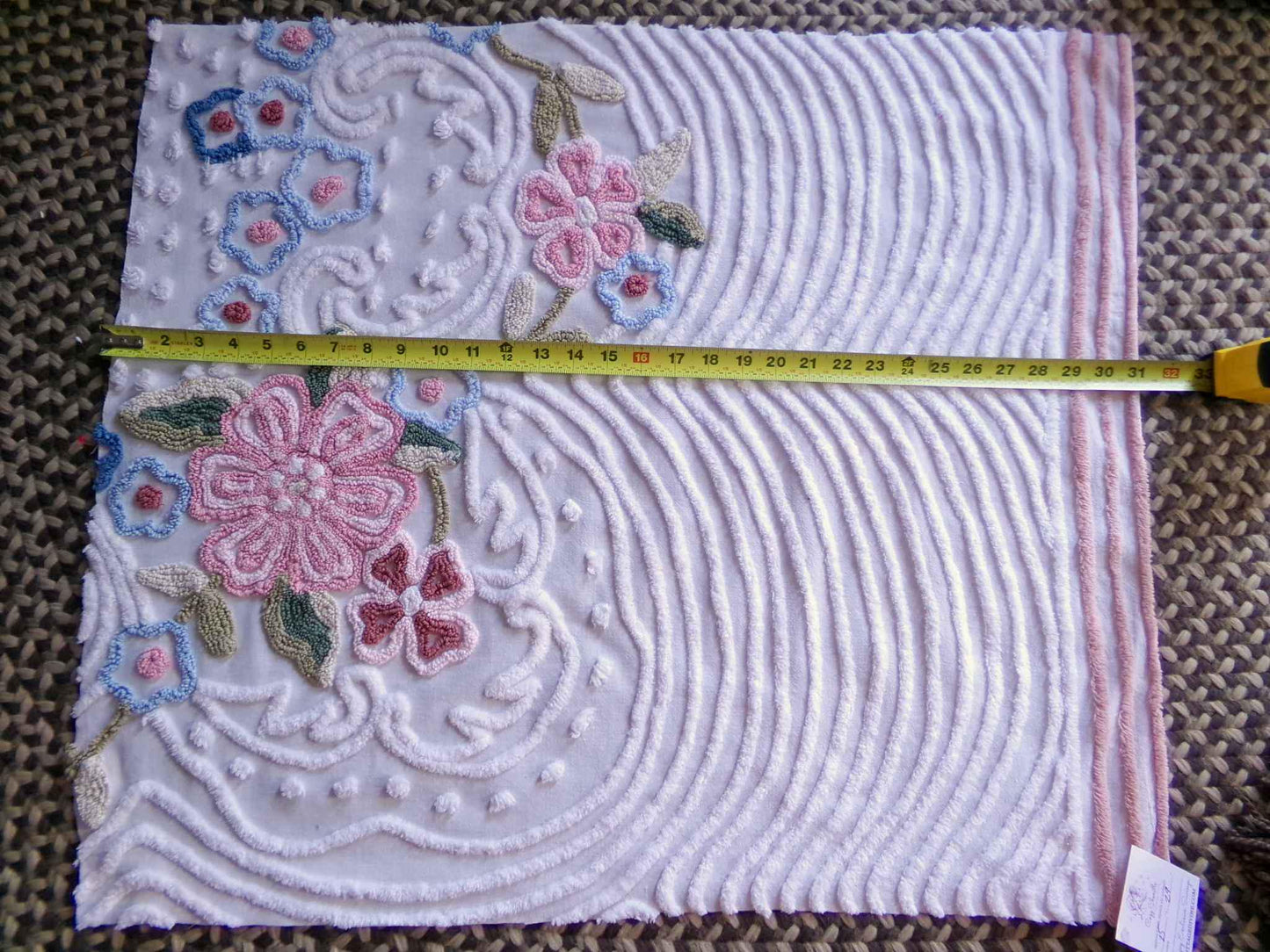 Lovely Spring Flowers Vintage Chenille Material, 29" x 25" inch Fabric Piece, Meadow Florals on White 100% Cotton, Pretty in pillows
