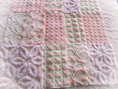 cottage garden chenille fabric squares, vintage craft square set of 17 quilt blocks, 6" x 6" inch, ideal in handmade chenille quilts, crafts