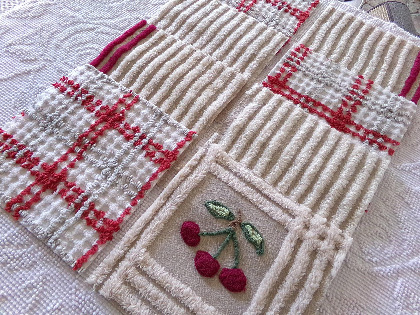 cheery cherry chenille quilt squares, 7.5" vintage fabric blocks, set of 8 in grey, white, maroon