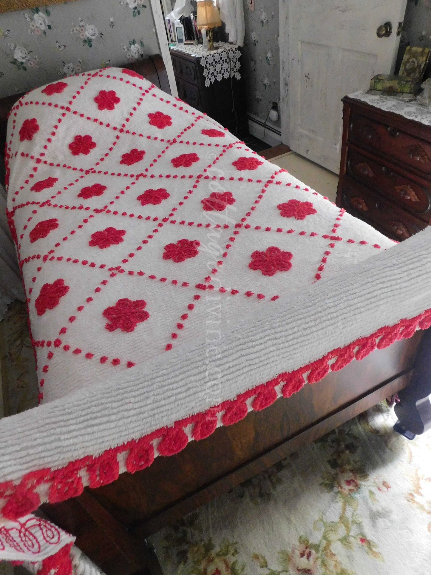 Vintage Chenille Bedspread, Fabulous Red Roses on White, Full Size, Cotton, Midcentury Bed Linens