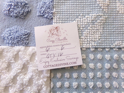 Cool Blues Chenille Fabric Squares for Quilting & Crafts in Vintage Blue, White - 16 Rotary Cut Blocks, 6" x 6" inch