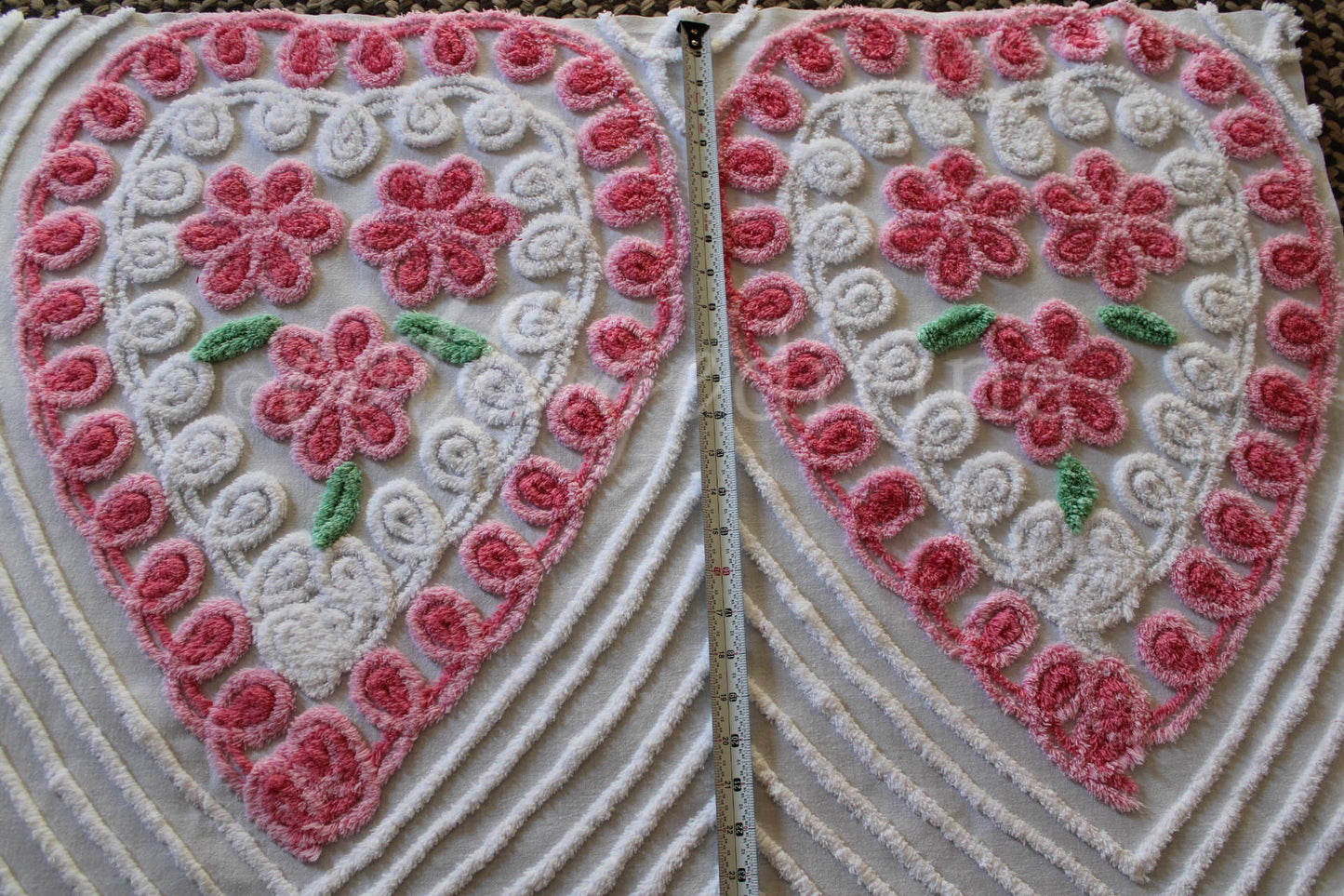 Pink Rose Candy Hearts Vintage Chenille Fabric, 27" x 42" Inch LARGE Piece, Cute Floral Trios on White Cotton, Great for Quilting & Pillows