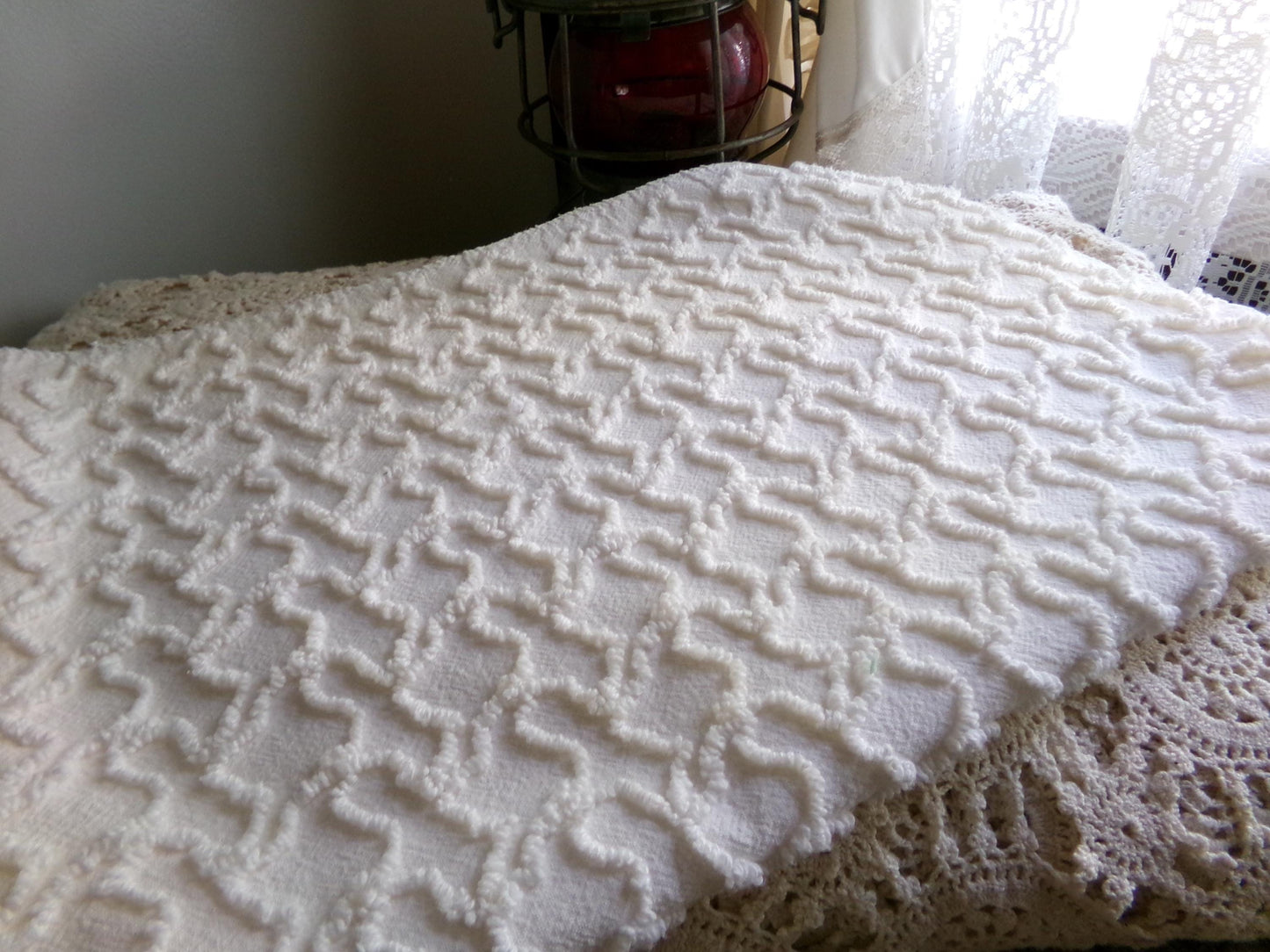 Gentle Cream Texturized Chenille Material, Squiggle Tuft, 20" x 25" inch Piece, Neutral Vintage Fabric for Handmade Quilts & DIY Pillows