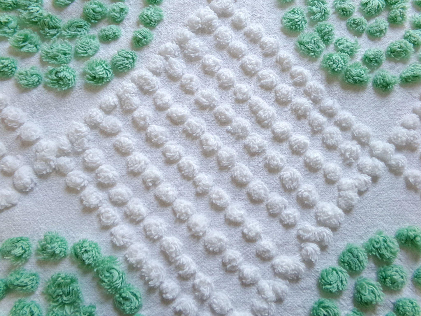 sweet shamrock green vintage chenille fabric, diamond circle pattern, 16" x 24" piece of white cotton sewing material for quilts, crafts
