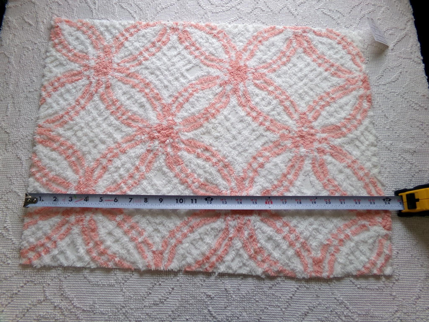 creamsicle peach & white chenille fabric piece, vintage cotton quilt material, wedding ring design, 18" x 23"