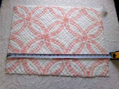 creamsicle peach & white chenille fabric piece, vintage cotton quilt material, wedding ring design, 18" x 23"