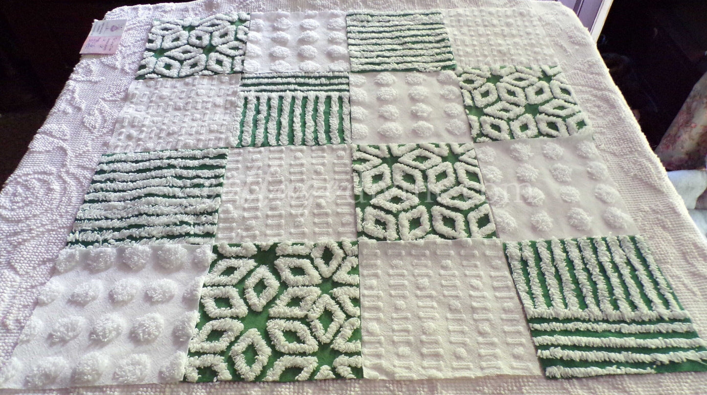 First Snowfall Quilt Squares Set, from Vintage Chenille Bedspread Fabric, 16 Blocks, 6" x 6" inch, Evergreen & White