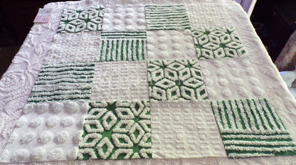 First Snowfall Quilt Squares Set, from Vintage Chenille Bedspread Fabric, 16 Blocks, 6" x 6" inch, Evergreen & White
