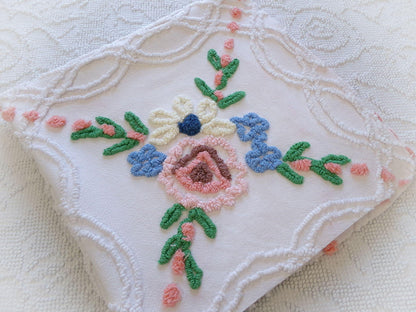 wildflower chenille fabric, vintage floral sewing material on white cotton with peach pops, 23" x 23" piece for handmade quilts & pillows