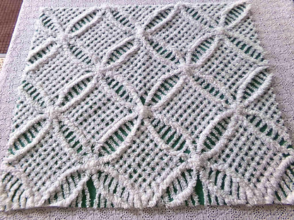 Rich Green Vintage Chenille Fabric, 20" x 24" inch Piece, Plush White Wedding Ring Geometric Design