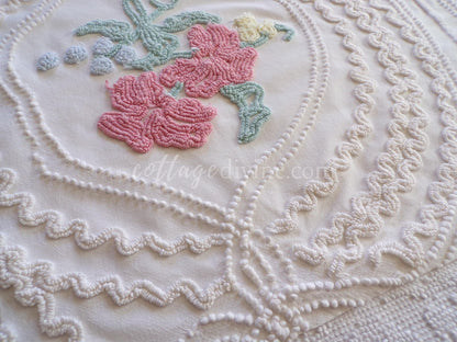 Romantic Cottage Chic Lily Vintage Chenille Quilt Fabric Piece, 19" x 26" inches, Pretty in Pillows