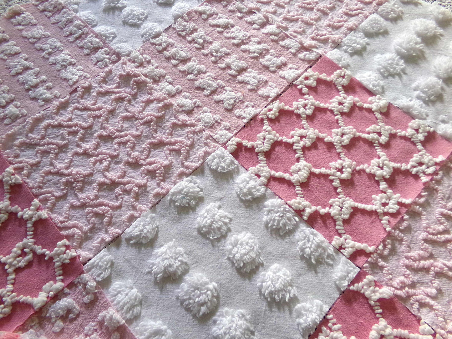 Must Luv Pink Quilt Squares Set from Vintage Chenille Bedspread Fabric, 17 Blocks, 6" x 6" inch