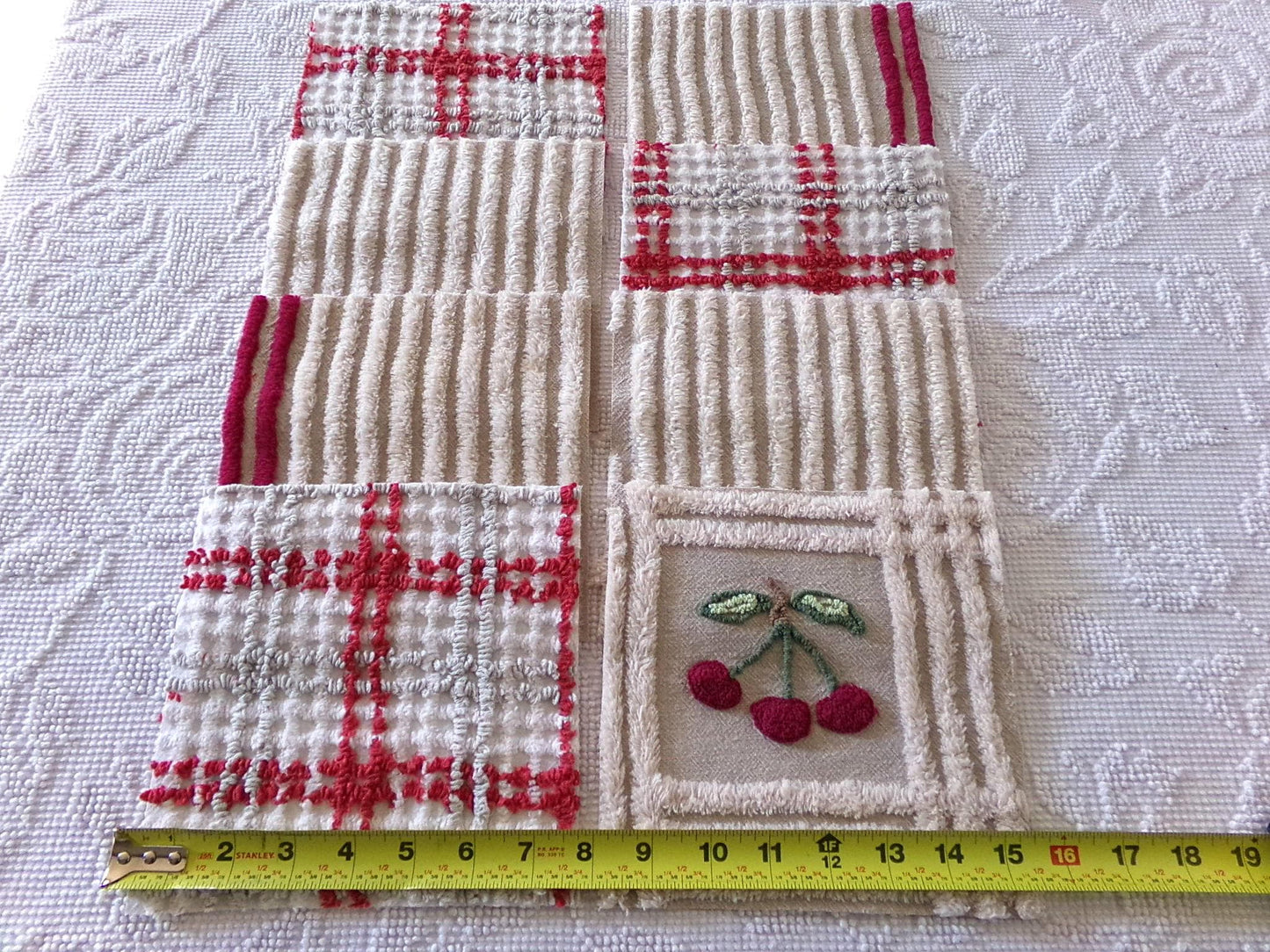 cheery cherry chenille quilt squares, 7.5" vintage fabric blocks, set of 8 in grey, white, maroon