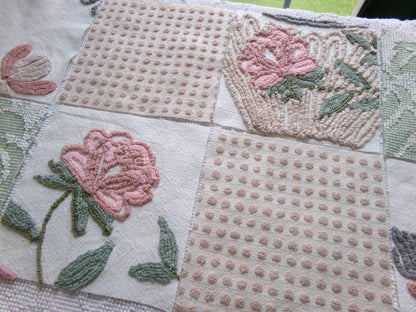 rose garden chenille fabric squares, set of 8 vintage 7.5" quilt blocks, neutrals & chic florals, for sewing, crafts, quilting