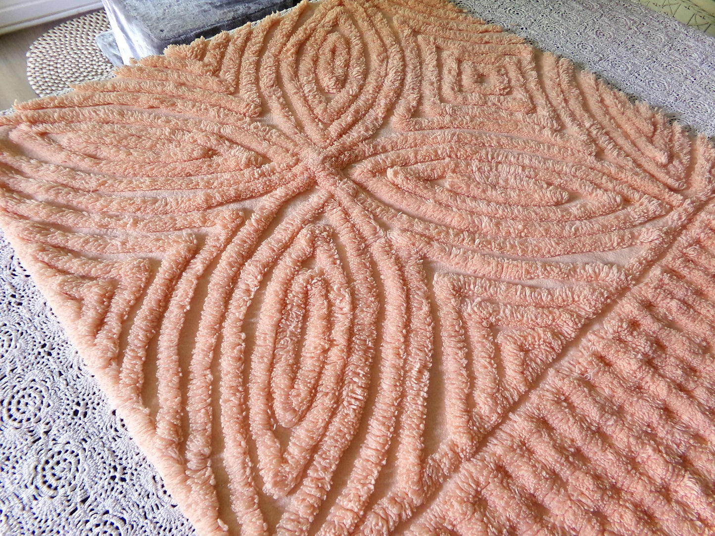 Plush Peach Glow Chenille Material, 20" x 32" inch Vintage Fabric Piece, Thickly Tufted Waffle Grid & Geometric Flower Petals