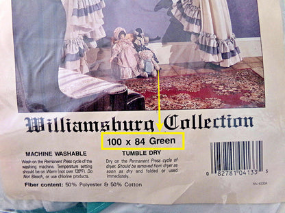 Farmhouse Style Priscilla Curtain Panels Pair, Cream & GREEN Trim, Bow Tiebacks, NOS Vintage Window Curtains, 84" L, Williamsburg Collection