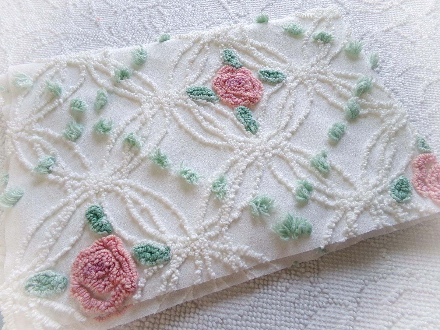 Pink Rose Garden Vintage Chenille Fabric, 18" x 25" Piece, Lovely Pink Florals in White Wedding Rings with Green Pops, 100% cotton material