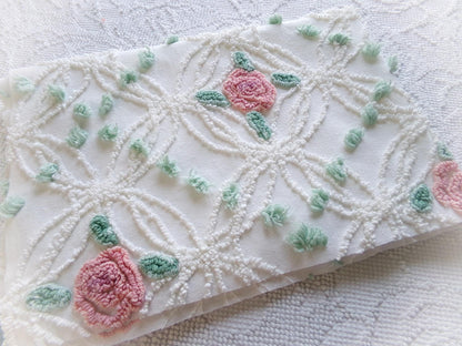 Pink Rose Garden Vintage Chenille Fabric, 18" x 25" Piece, Lovely Pink Florals in White Wedding Rings with Green Pops, 100% cotton material