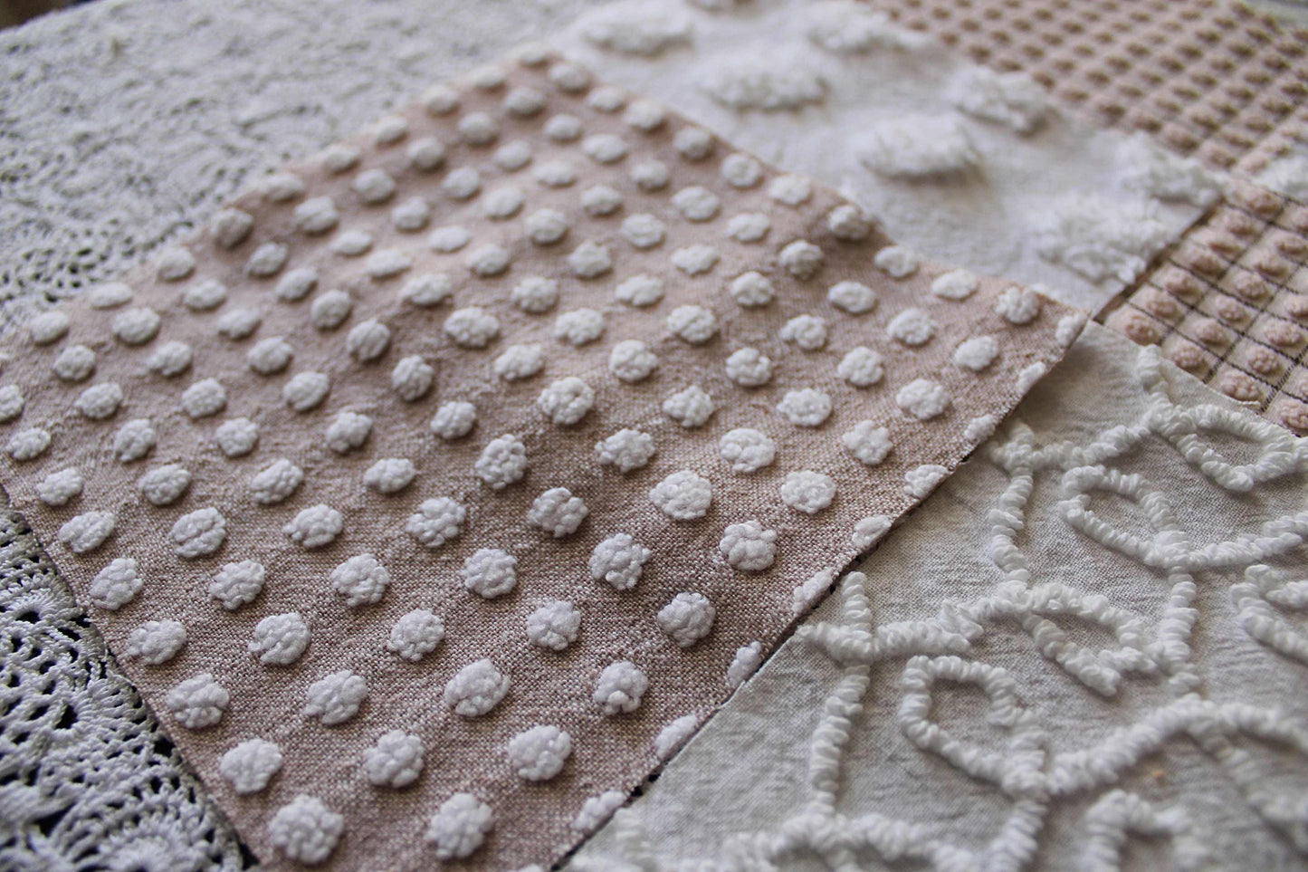 Trendy Neutral Chenille Squares, Vintage Meets Modern Craft Quilt Square Set from Vintage Bedspread Fabric, 16 Blocks, 6" x 6" inch