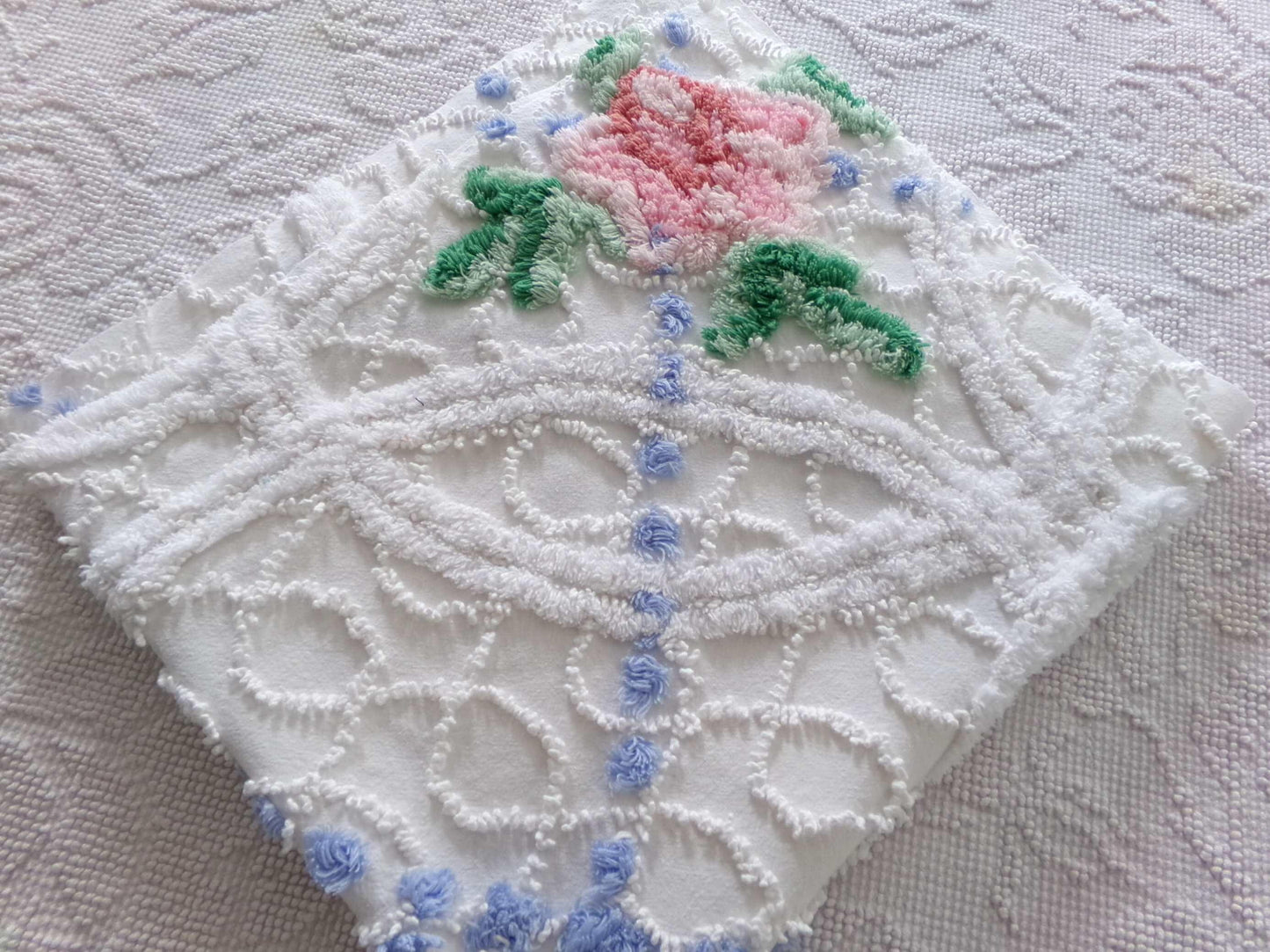 lovely cottage style floral fabric, 25" x 28" inch piece cut from vintage chenille bedspread, pink rose on white geometric loops & blue pops