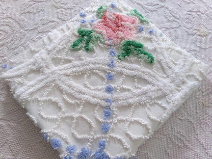 lovely cottage style floral fabric, 25" x 28" inch piece cut from vintage chenille bedspread, pink rose on white geometric loops & blue pops