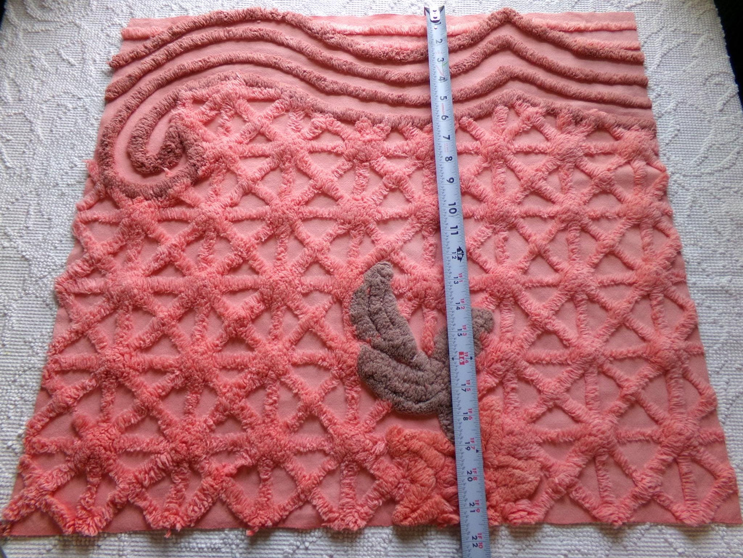 unique vintage chenille fabric panel in twinkle starburst pattern, nostalgic sewing material for quilts & pillows, 23" x 20" inch piece