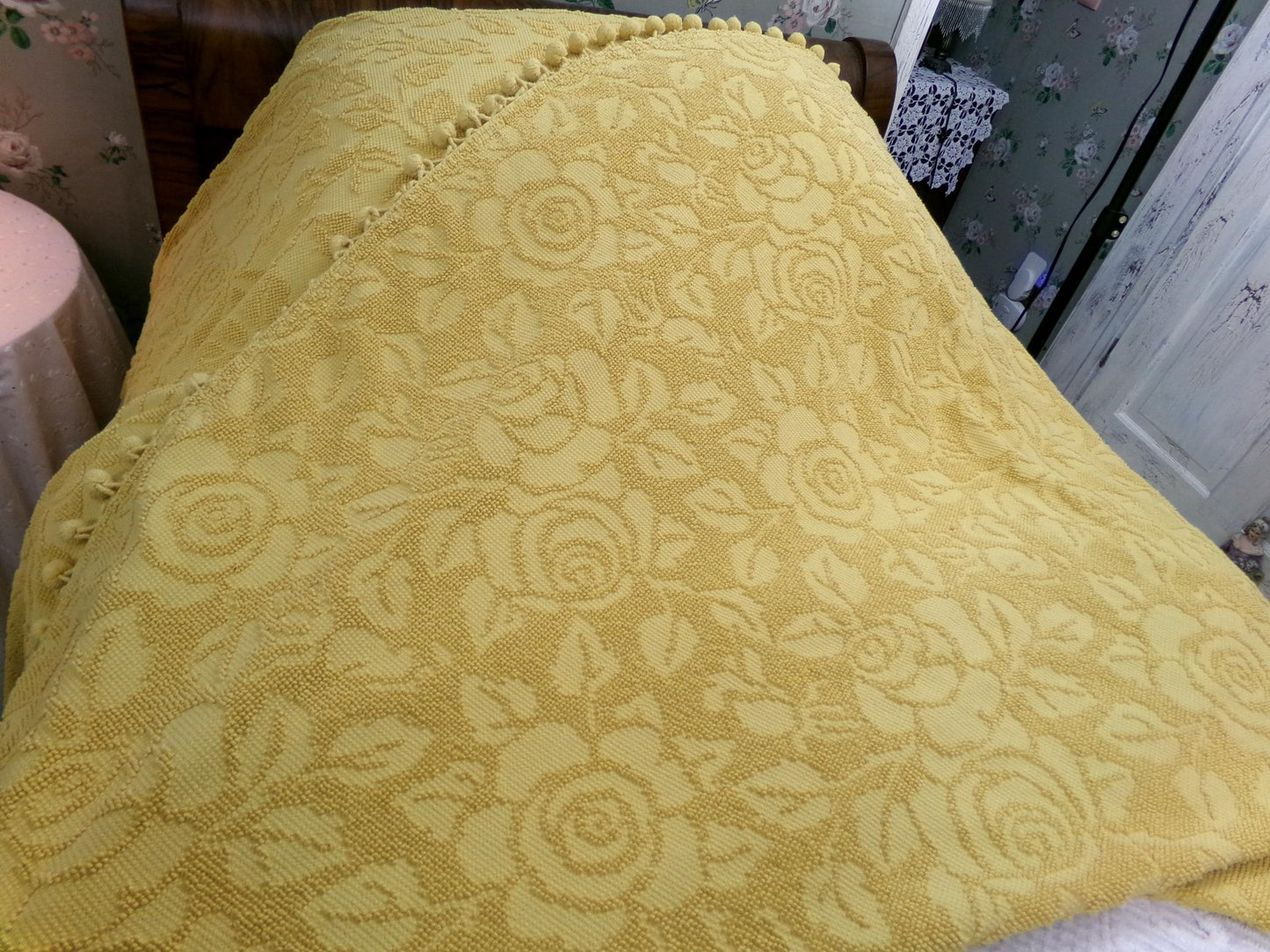 Vintage Chenille Bedspread in Sunflower Honey Golden Blonde | Hobnail Cabbage Rose Woven Texture | On Trend Boho Style Heavyweight Spread
