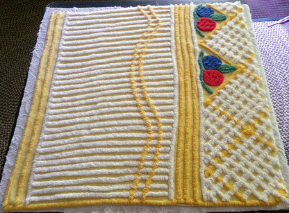 Happy Vintage Chenille Fabric, Red & Blue Rosettes on Yellow Geometric, 29" x 30" inch piece