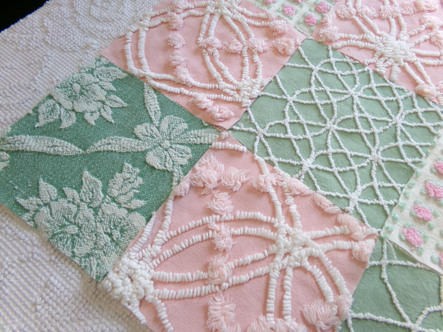 enchanted garden vintage woven & chenille fabric squares, set of 16 pink jade 6" quilt blocks for crafts, sewing, diy pillow covers