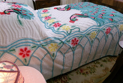 shabby chic peacock vintage chenille bedspread, iconic kitsch lovebird design, white cotton full size bedding
