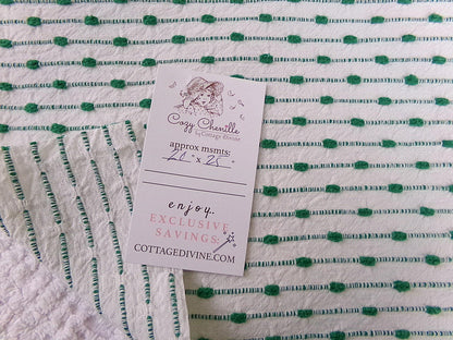 preppy kelly green textured fabric piece, vintage chenille raindrop dots on white woven cotton, great in quilts, xmas stockings, 20" x 25"