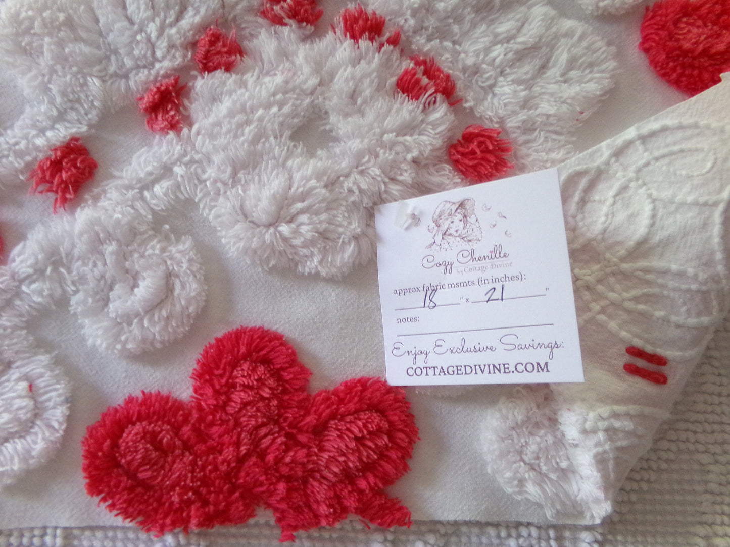 Shabby Red Flowers Vintage Chenille Fabric, 18" x 21" Inch Piece, Frosty White Plush Swirls, Ideal for Festive Crafts