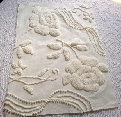 ivory rose vintage chenille fabric, vintage cotton 15" x 21" cut piece with sprawling stylized roses for quilting crafts and sewing