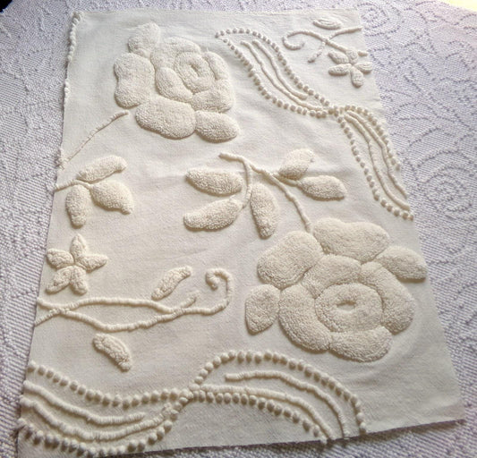 ivory rose vintage chenille fabric, vintage cotton 15" x 21" cut piece with sprawling stylized roses for quilting crafts and sewing