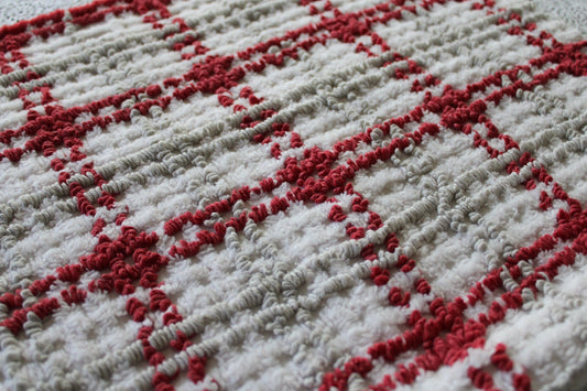 Chic Plaid Vintage Chenille Fabric, Maroon & Grey Needletufting on White Grid, 20" x 24" inch Piece, 100% Cotton