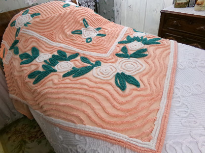 white roses in autumn vintage chenille bedspread, lovely peach glow cotton full size shabby chic bedding