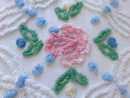 favorite cottage style vintage chenille fabric, pink roses & blue dots, 20" x 27" piece of white sewing material for quilting and crafts