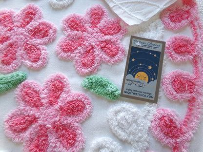 pretty pink heart vintage chenille fabric, a trio of roses with curlicue swirls, 17" x 23" inch piece of sewing material great for pillow
