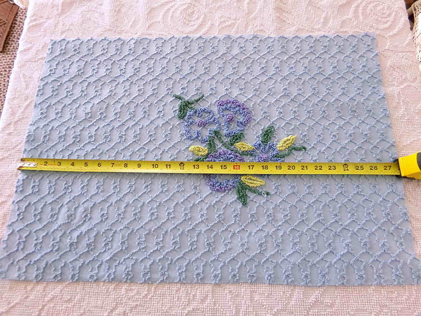 Evening Blue Floral Vintage Chenille Fabric in Chain Link Design with Tufted Flowers, 27" x 18" inch Piece, 100% Lightweight Cotton Material
