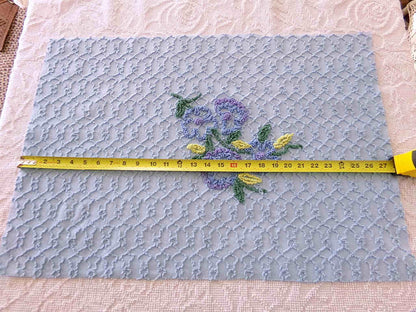 Evening Blue Floral Vintage Chenille Fabric in Chain Link Design with Tufted Flowers, 27" x 18" inch Piece, 100% Lightweight Cotton Material