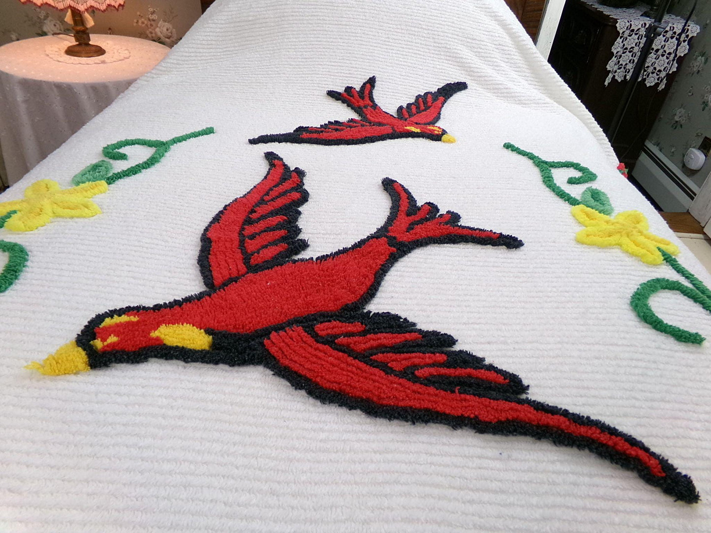 wings of love vintage chenille bedspread, majestic red cardinal birds in a garland of flowers, 100% soft cotton coverlet, full size bedding