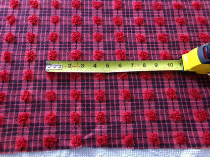 Midnight Black Tartan Plaid Vintage Chenille Bedspread Fabric, Tufted Deep Red Dots, 19" x 26" inch Piece, Lightweight Quilt Material